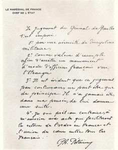 lettre manuscrite de Pétain sur la condamnation à mort de De Gaulle